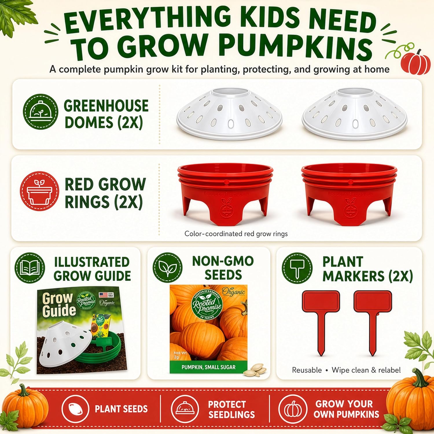 Kids Pumpkin Garden Kit – Grow Your Own Pumpkins from Seeds with Greenhouse Germination Domes & Grow Rings, Non-GMO