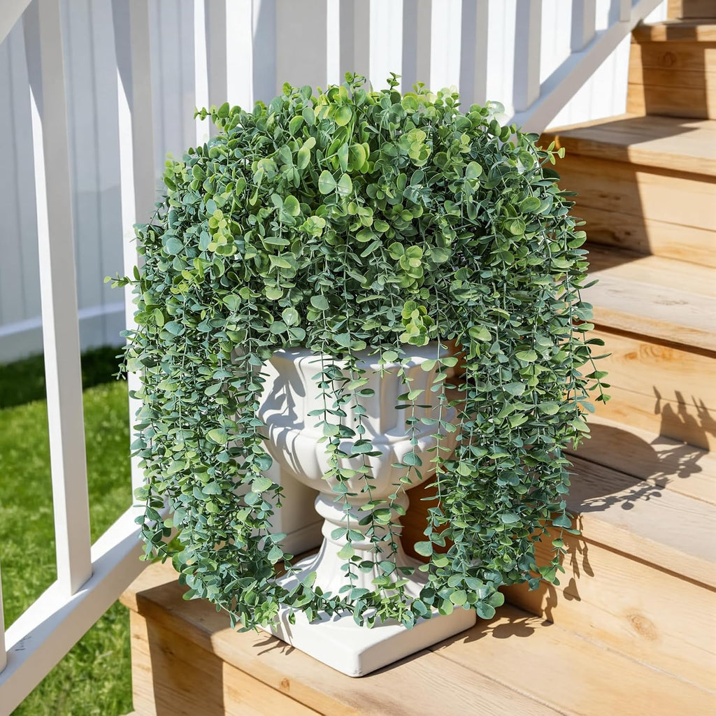 Faux Outdoor Plants Fake Hanging Plants for Outdoors Outside Decorations, 2 Pcs White Faux Eucalyptus Vines Realistic