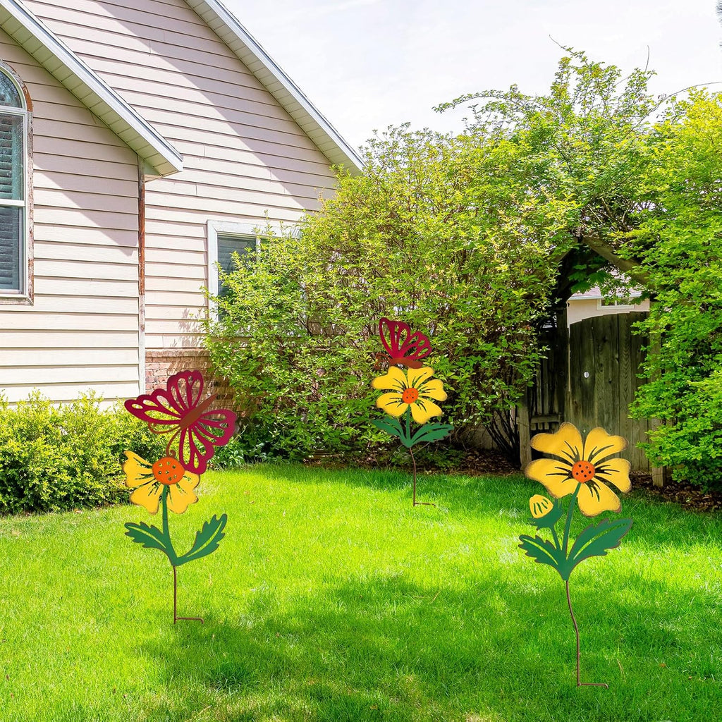 3-Pack Metal Flowers for Outside, 30-Inch Metal Yard Art | Decorative garden stakes with flower and butterfly designs;
