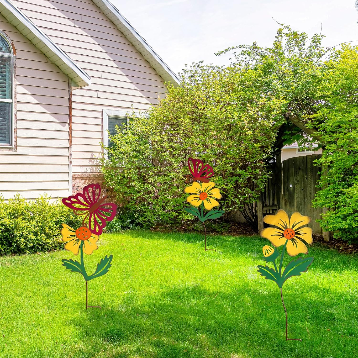 3-Pack Metal Flowers for Outside, 30-Inch Metal Yard Art | Decorative garden stakes with flower and butterfly designs;