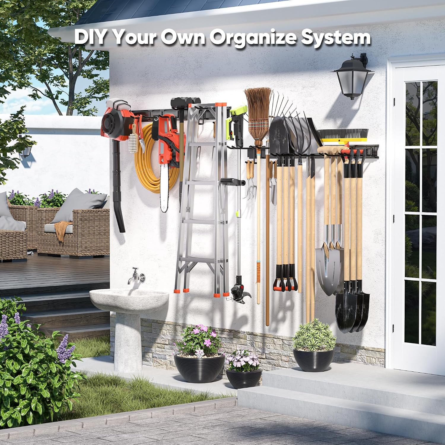Garden Tool Organizer Wall Mount, 64 inches Tool Storage Rack with Adjustable Hooks, 600lbs Adjustable Heavy Duty Metal