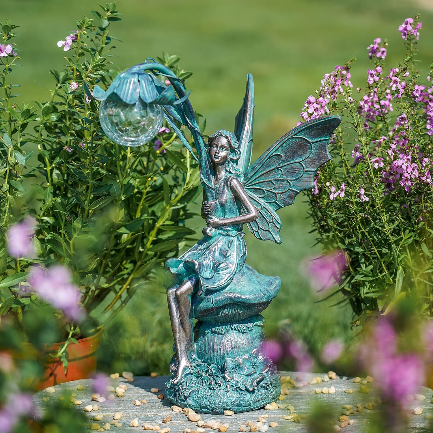 TERESA'S COLLECTIONS Garden Statues Fairy Sculptures & Statues, Outdoor Solar Light Garden Decor Resin Patina Bronze