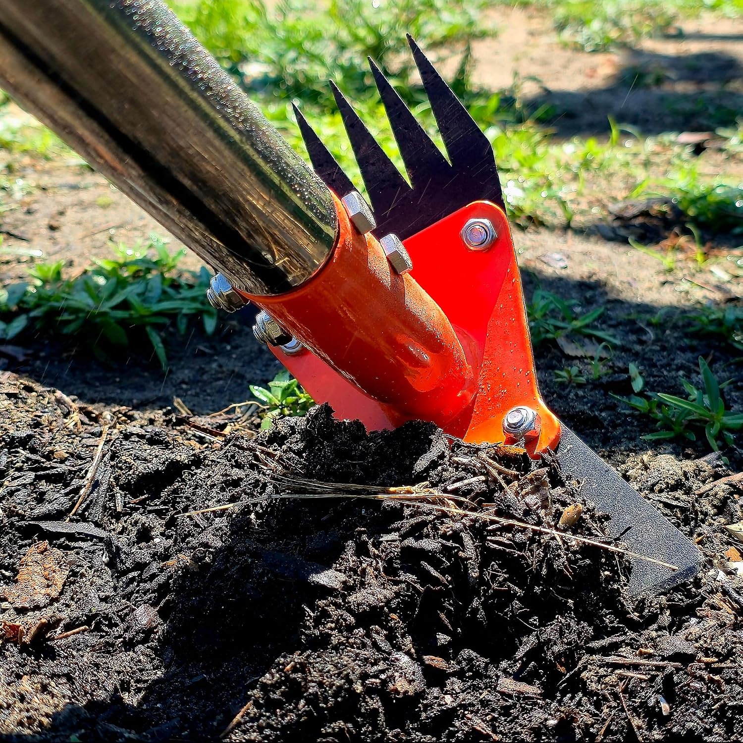 2-in-1 Garden Hoe and Weed Puller Rake 60 Inch Spring Steel Head | Adjustable Long Handle Weeding Tool Heavy Duty Sand