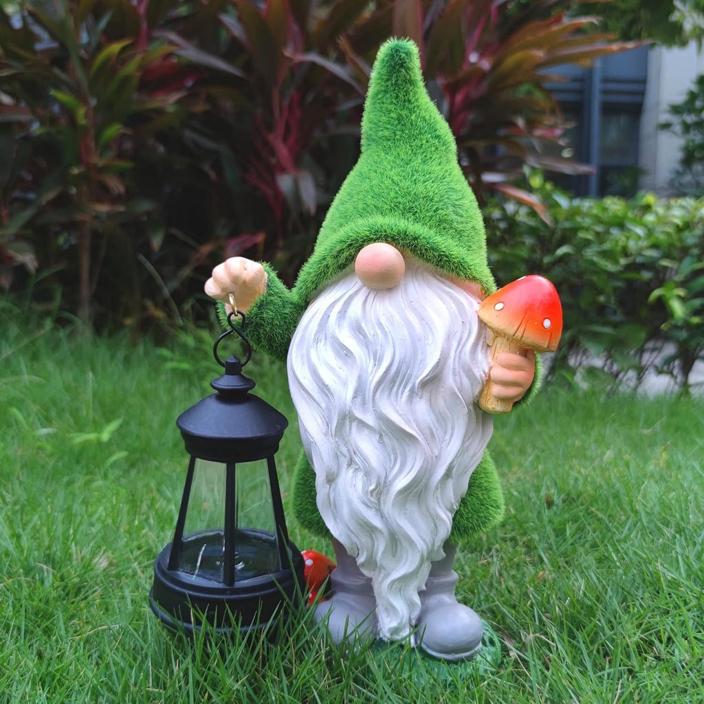 Solar Gnomes Garden Statues,Resin Gnome Figurine Holding Mushroom and Solar Lights Lantern,Outdoor Yard Art Decorations
