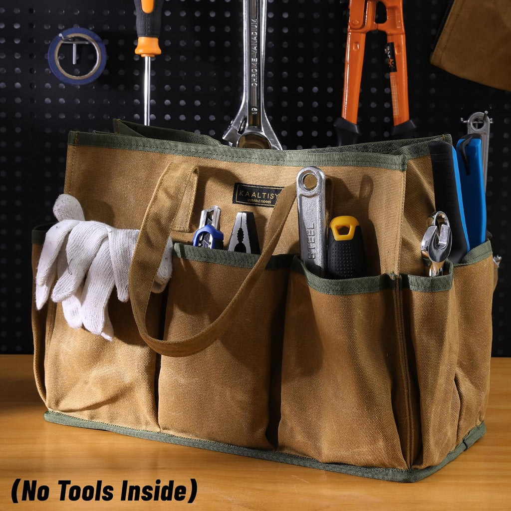 16OZ Waxed Canvas Tool Tote Bag | Large-Capacity Tool Storage Tote with 10 External Pockets | Multi-Purpose Garden Tool