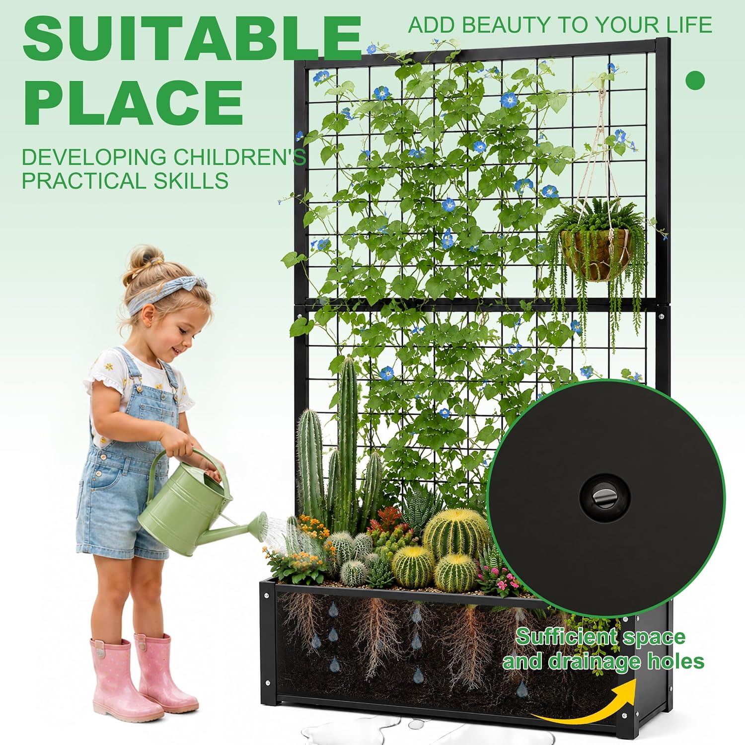 Garden Bed with Trellis Outdoor, Metal, 59in Tall | Metal Frame, 59in Tall Trellis for Climbing Plants, 12in Deep