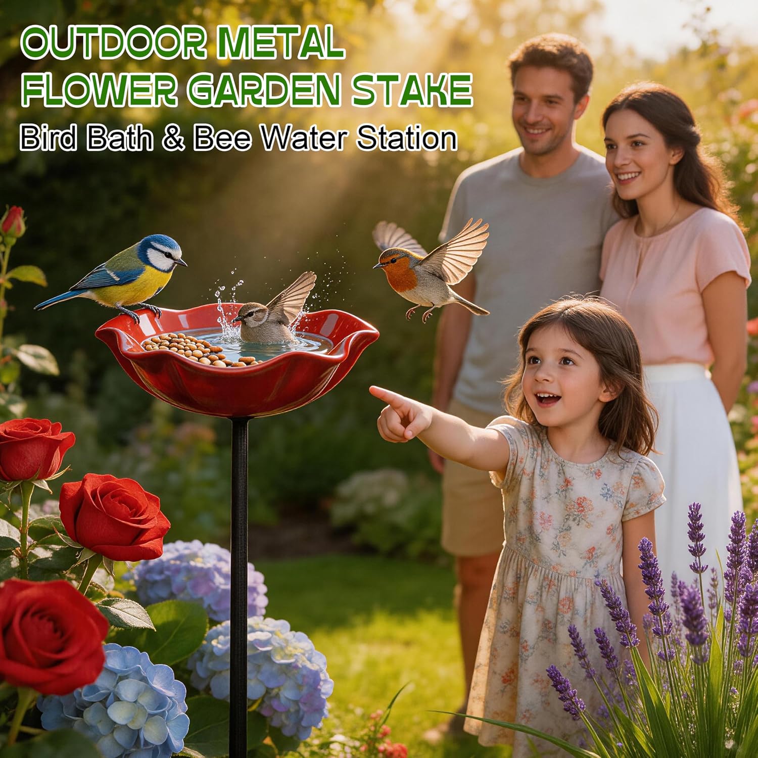 Handmade Metal Flower Garden Stake with Bird Bath & pollinator Water Station, Bee Bath for Garden Metal Bee Water