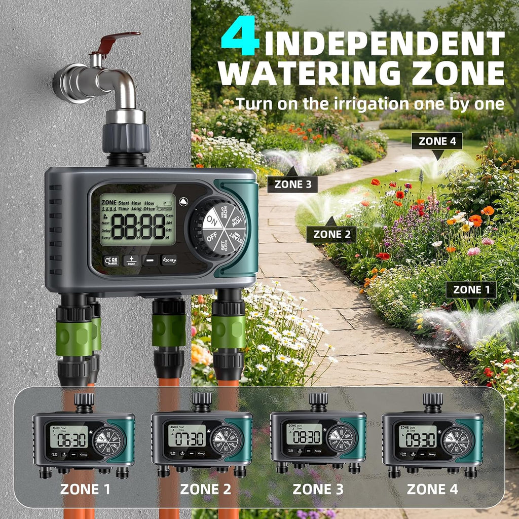 Sprinkler Timer for Outdoor Hose Faucet 4 Zone, Programmable Hose Timer with Rain Delay/Manual/Automatic Watering