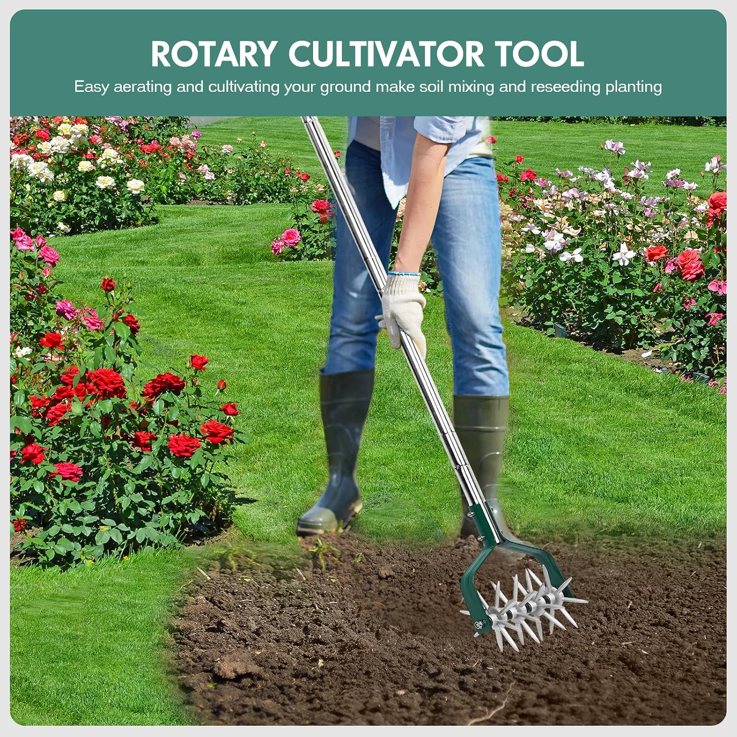 YEELOR Rotary Cultivator Garden Tool with Durable Aluminum Gears | Manual Tiller, 57″ long handle, loosens soil, mixes