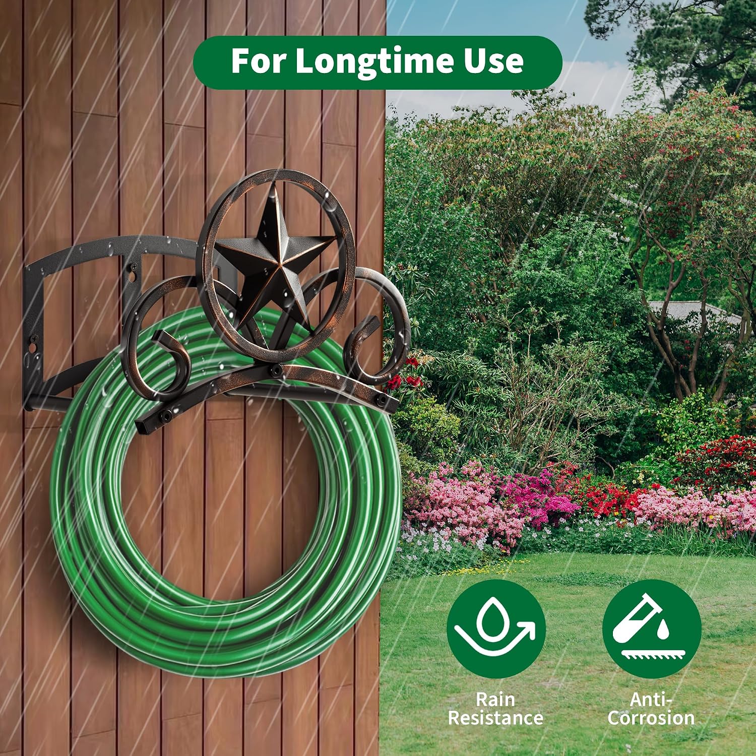 Garden Hose Holder Wall Mounted Decorative, Heavy Duty Metal Hose Hanger for Outside, Sturdy Water Hose Rack Holds