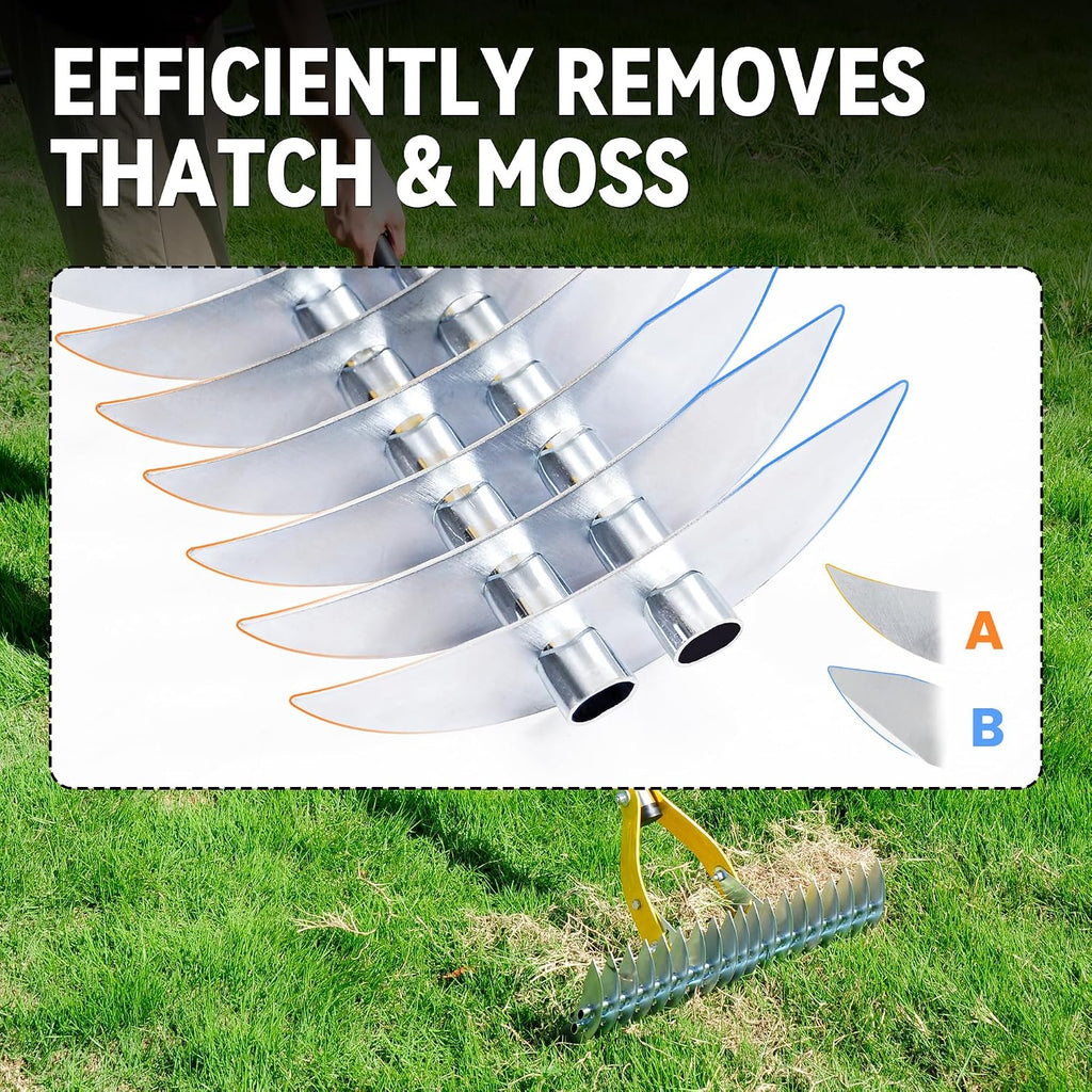 Thatch Rake for Lawn with 74inch Handle, 15 inch Dethatcher Rake for Grass to Cleaning Dead Grass, Efficient Steel