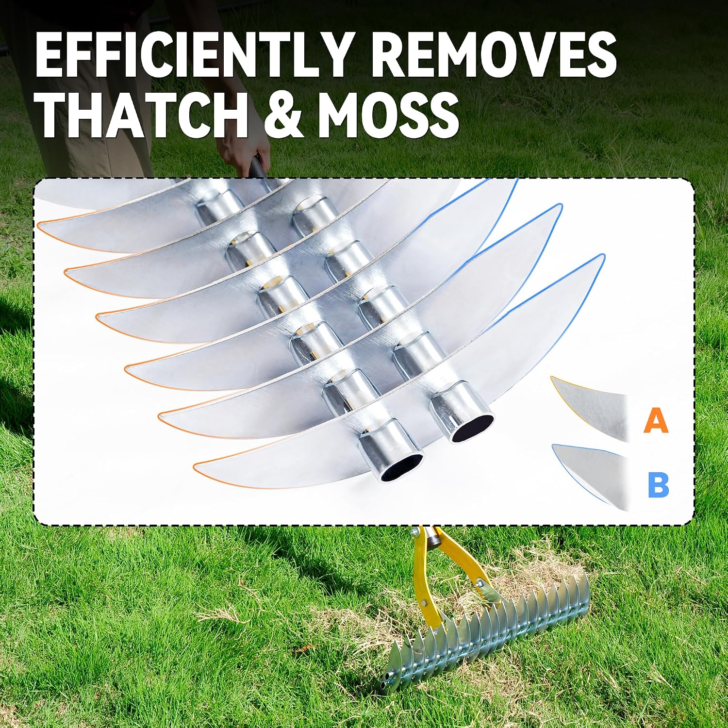 Thatch Rake for Lawn with 74inch Handle, 15 inch Dethatcher Rake for Grass to Cleaning Dead Grass, Efficient Steel