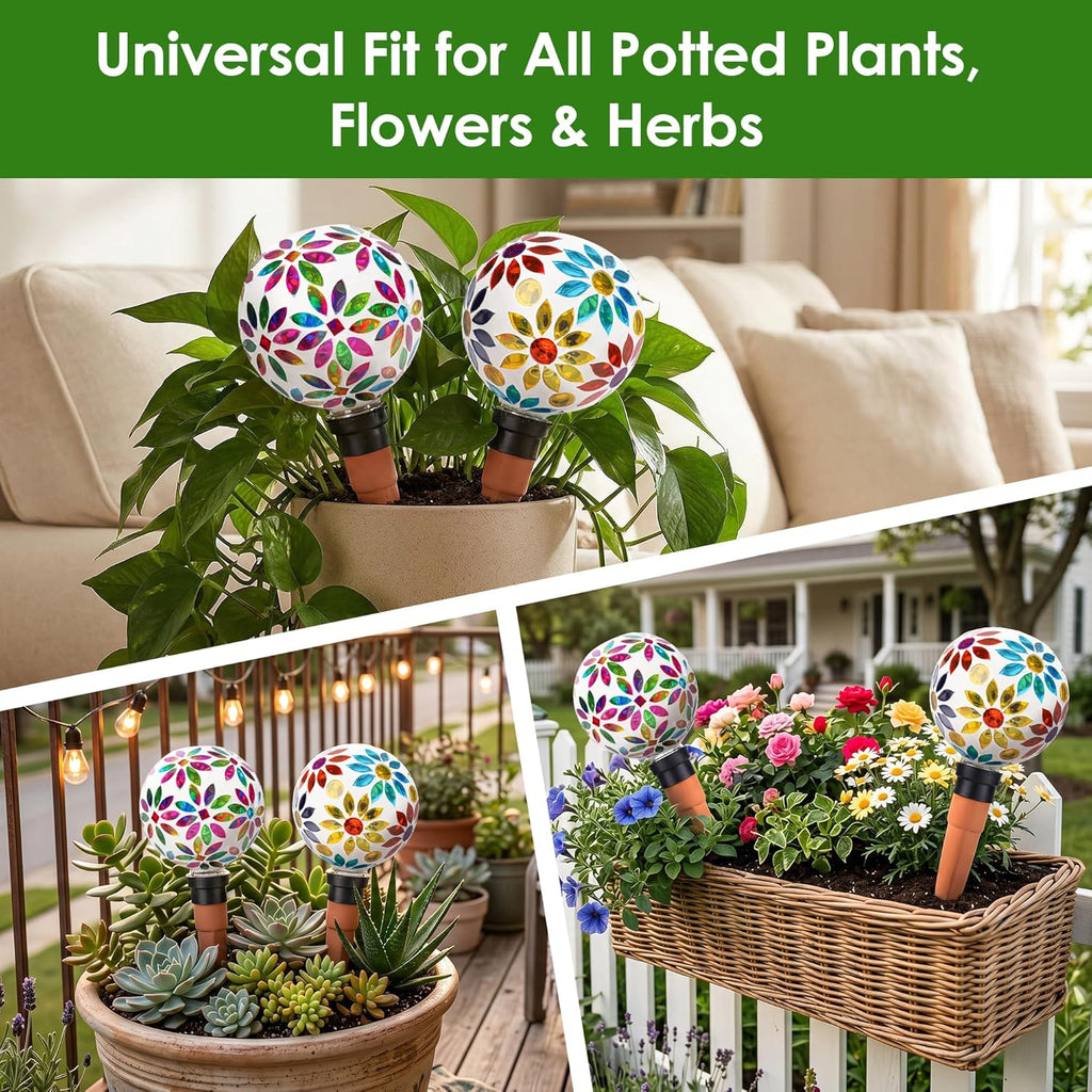 Terracotta Watering Spikes Mosaic Watering Globes 2 Pack | Automatic Plant Waterer Watering Devices Water Bulbs for