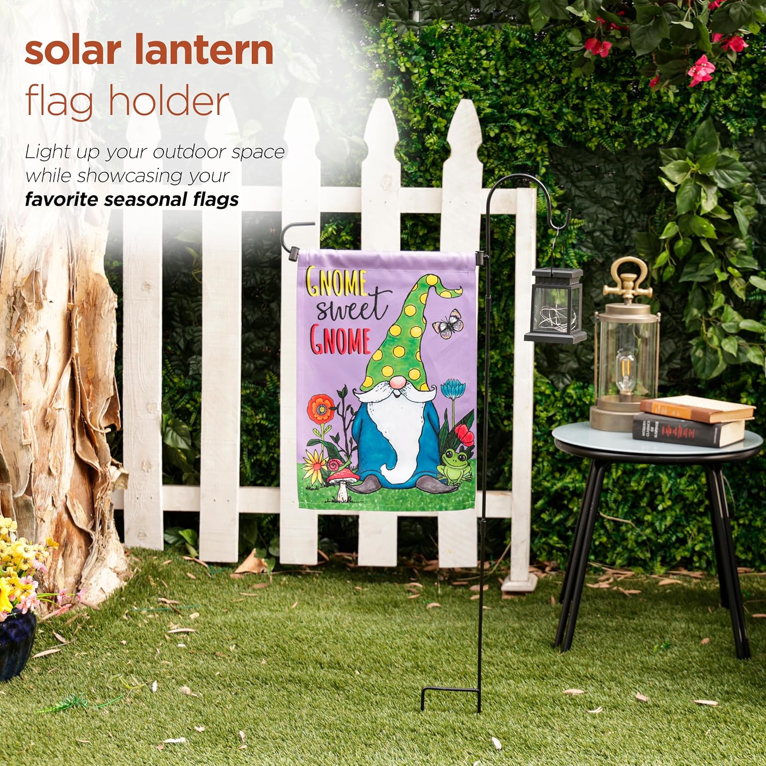 Alpine Corporation 3.4 Feet Tall Outdoor Metal Flag Holder Stake with Solar Powered Lantern and Warm White LED Lights