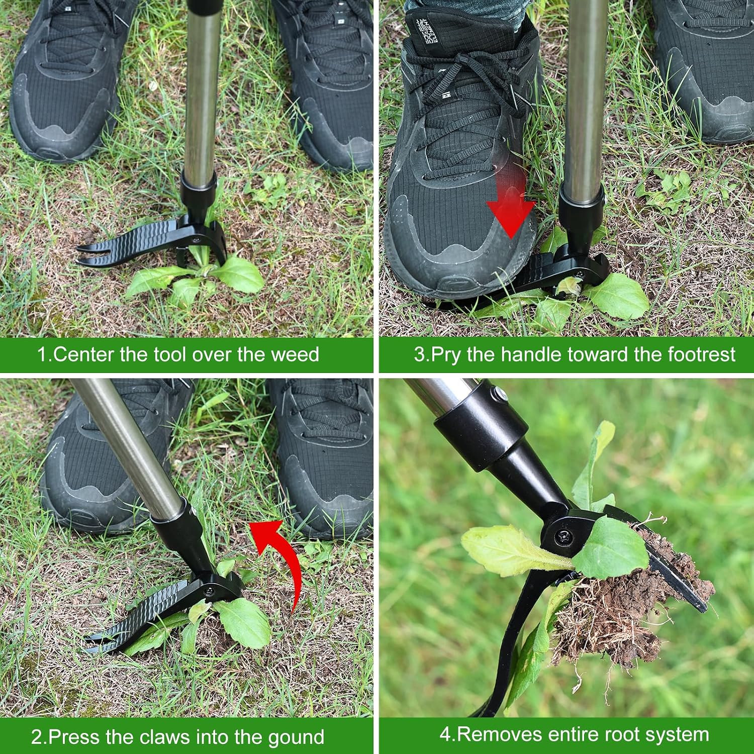 Weed Puller Tool, Lightweight, 4-Claw Stand Up Weeder Tool with Adjustable Handle for Remove Weeds Without Bending or