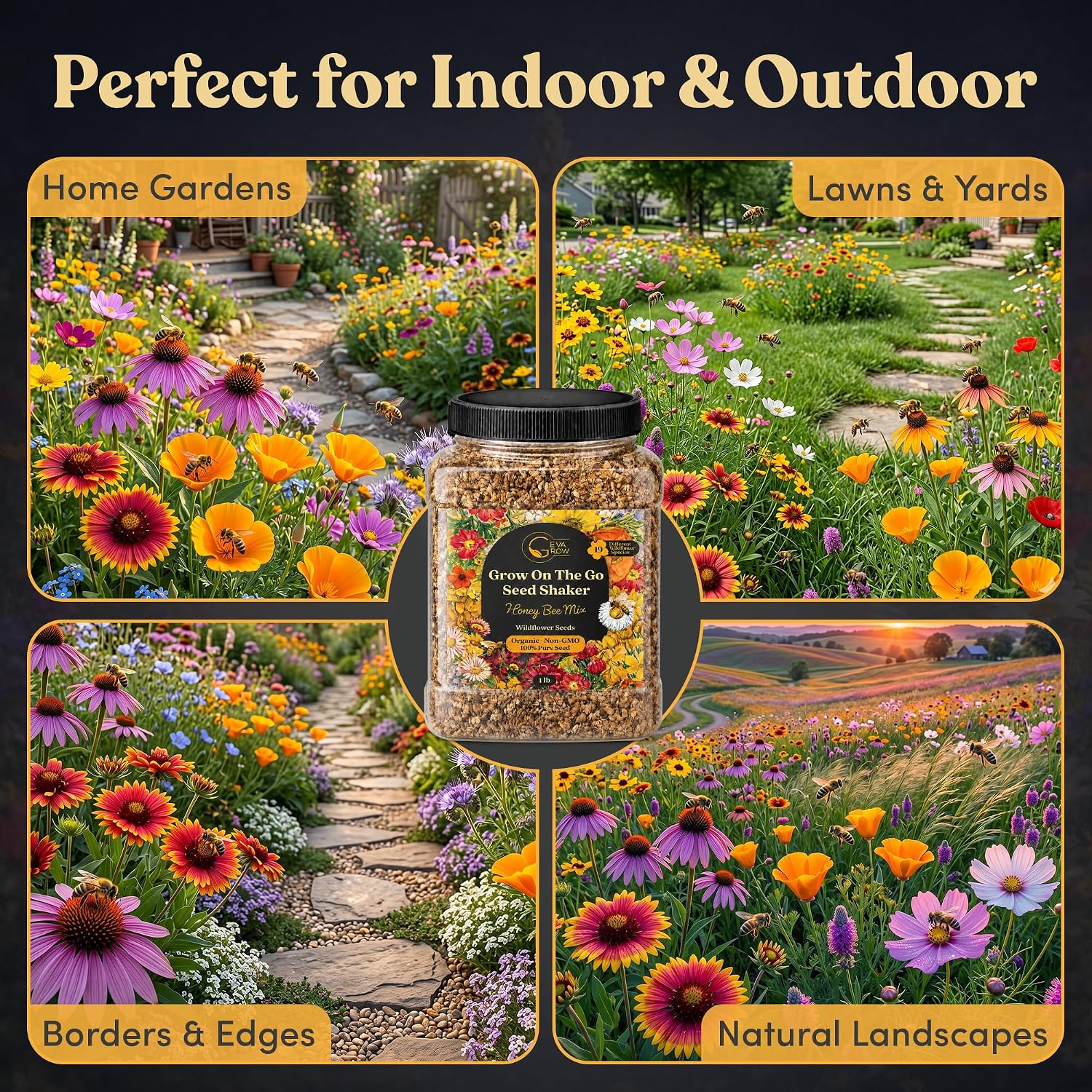 Bulk Wildflower Seed Mix – Honey Bee Wildflower Seed Mix 1 Pound Tub by GevaGrow | Bulk 300,000+ Seed Tub | 19 Variety