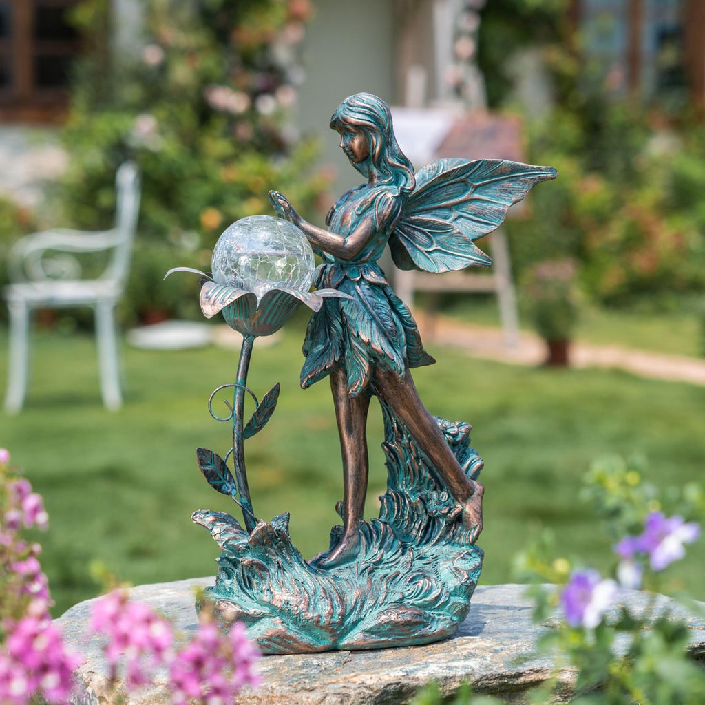 TERESA'S COLLECTIONS Garden Fairy Large Bronze Garden Sculptures & Statues Resin with Solar Outdoor Light, Valentines