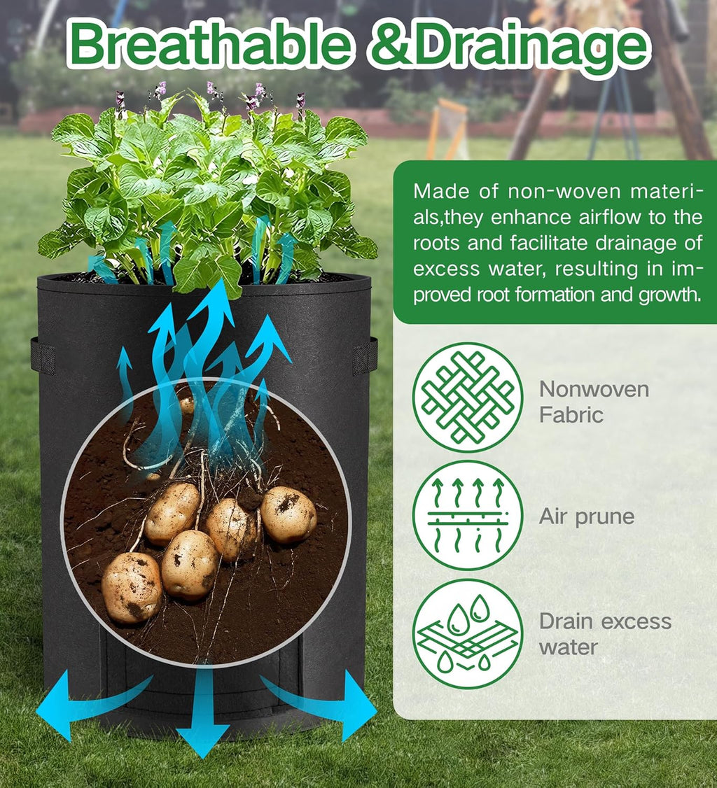 6-Pack 15 Gallon Potato Grow Bags – Durable Nonwoven Fabric Planters with Reinforced Handles | Reusable Garden