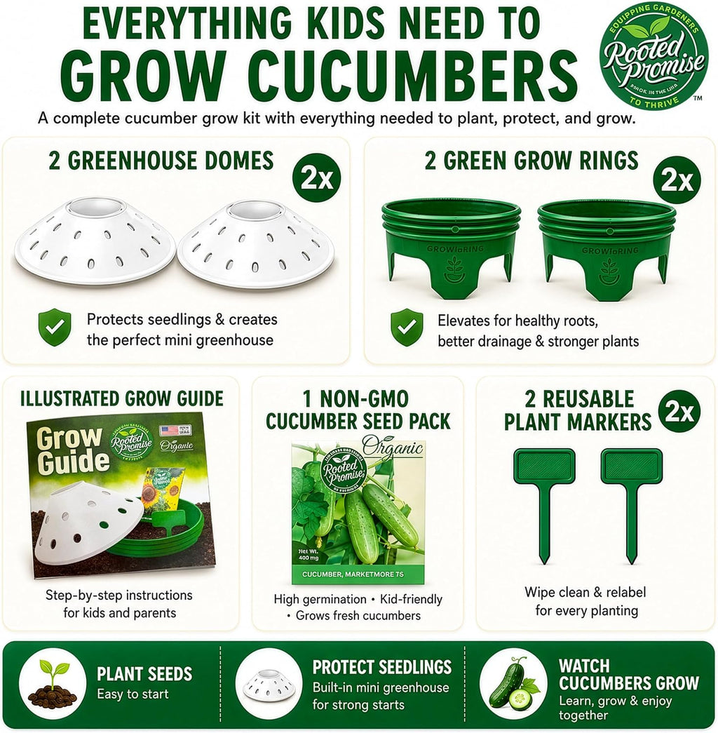 Kids Cucumber Garden Kit – Grow Your Own Cucumbers from Seeds with Greenhouse Germination Domes & Grow Rings, Non-GMO