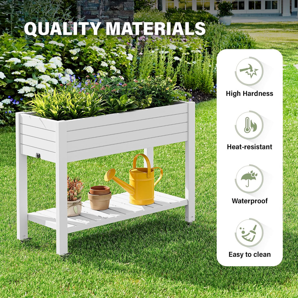 Elevate 33.7" Tall Raised Garden Bed with Wheels, Divisible Resin Planter Box with Drainage Gauge & Storage Shelf, Herb