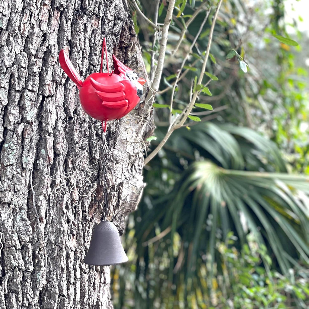 Red Cardinal Rain Chain, 85 Inch Metal with 7 Birds and Bell | Rustic Brown Finish, Three-Dimensional Designs, Each 5.5