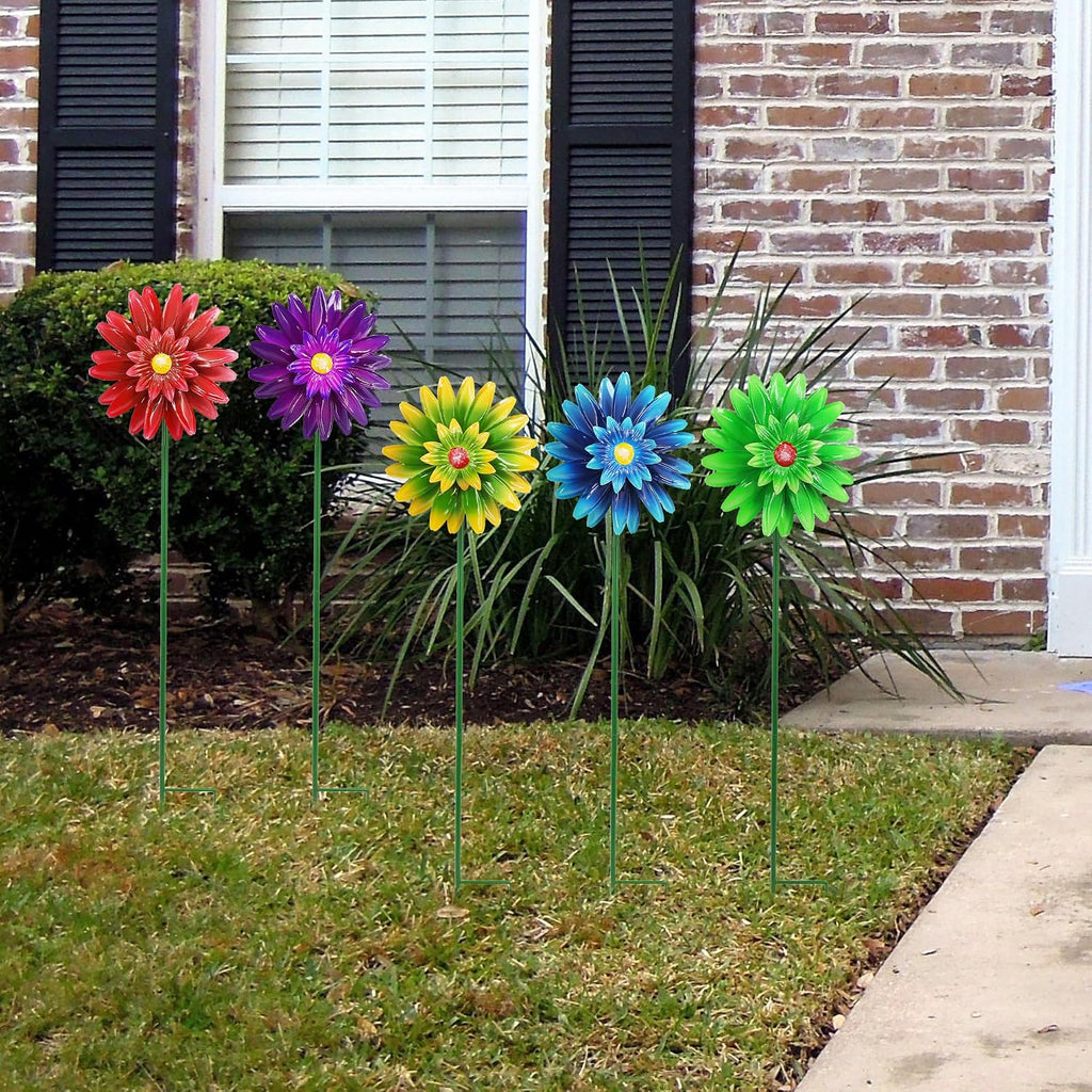 Metal Flower Wind Spinner Garden Stake Yard Art, Lawn Windmill Ornaments | WEIBEFEE; 5 Pieces;Lawn Ornament; 27 Inch