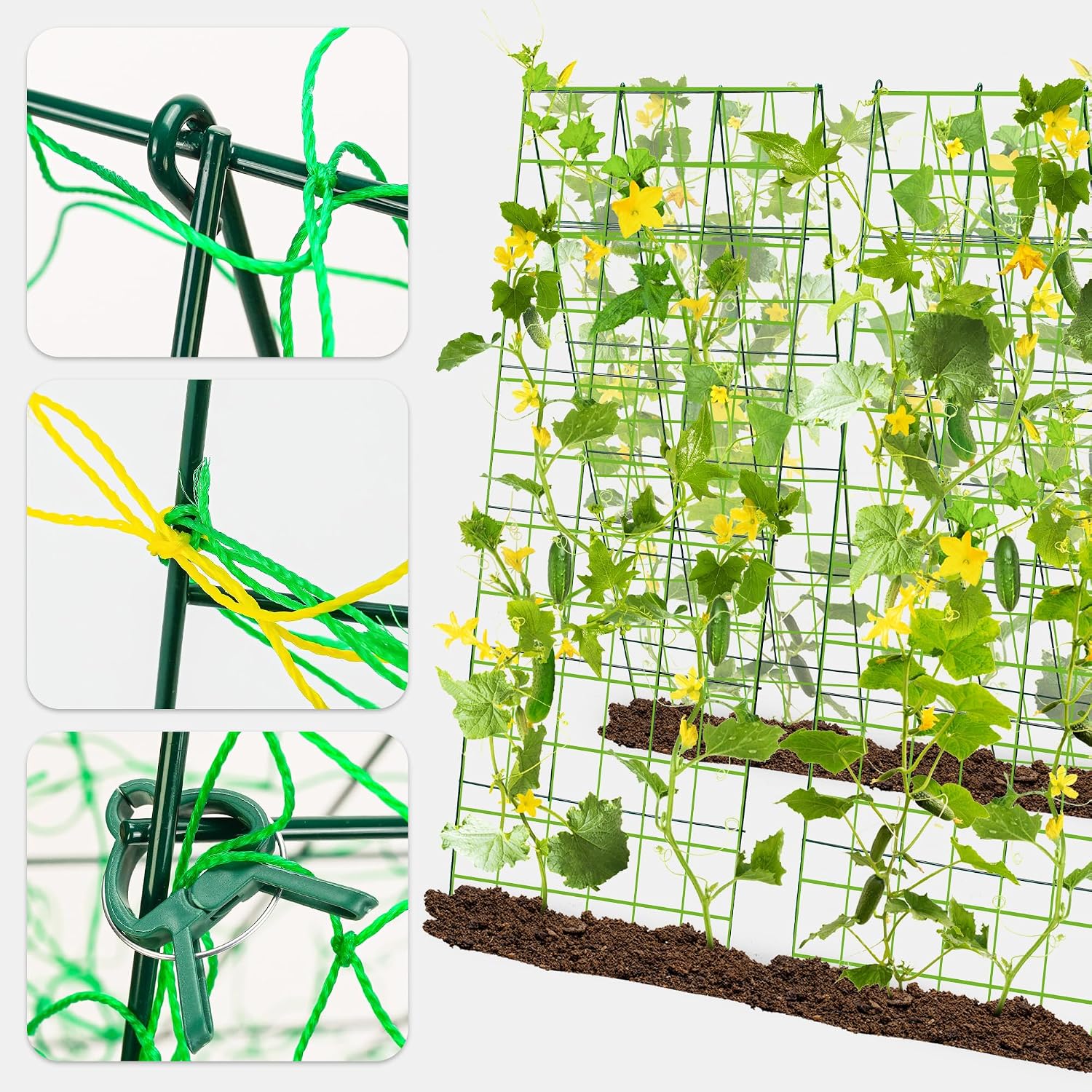 Pack 2 Heavy Metal Garden Trellis for Climbing Plants with Trellis Netting & Garden Clips, A-Frame Cucumber Trellis for