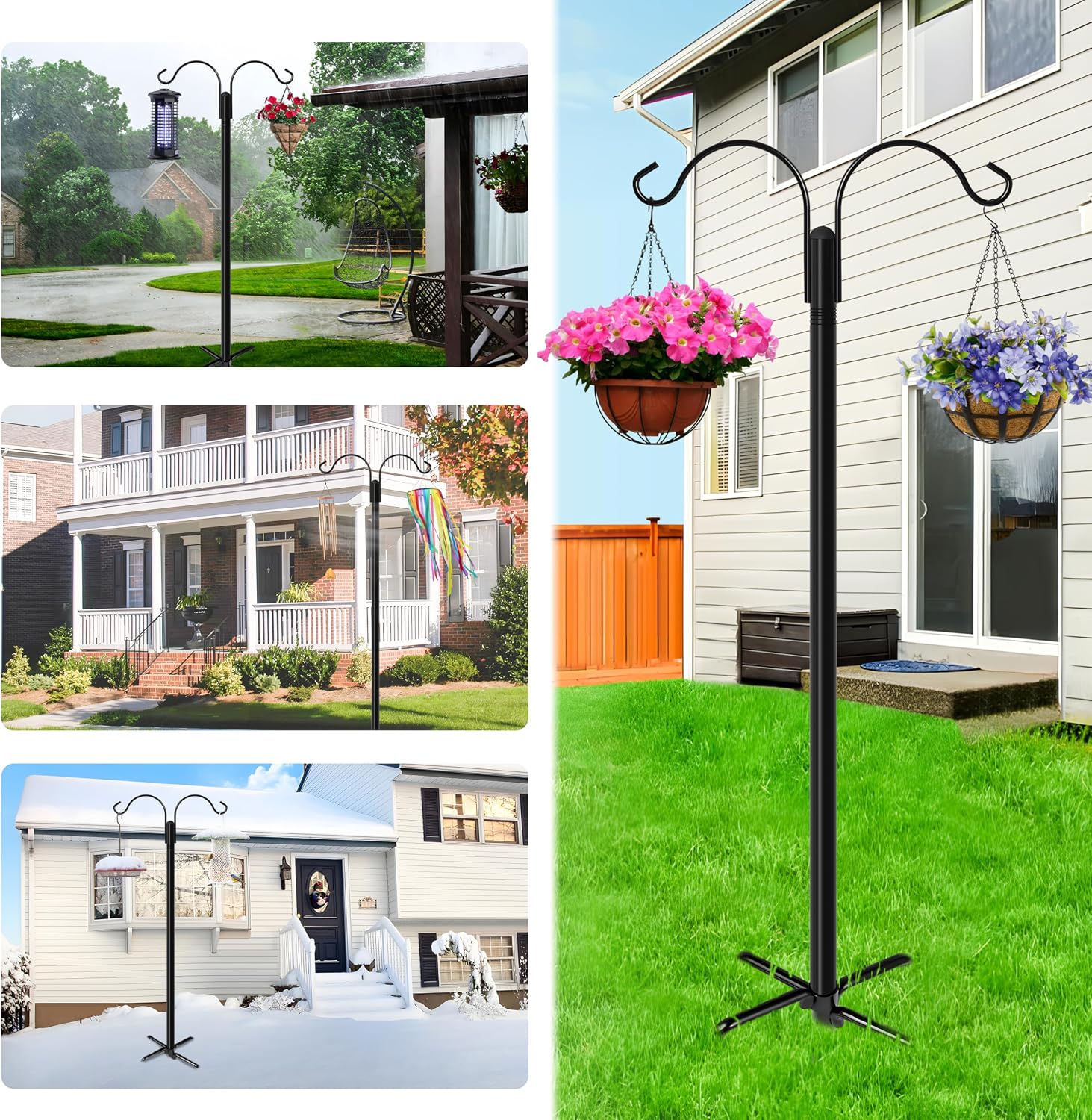 Double Shepherds Hooks for Outdoor, 2-Pack Heavy Duty Garden Pole for Hanging Bird Feeder, Plant Baskets, Solar Light