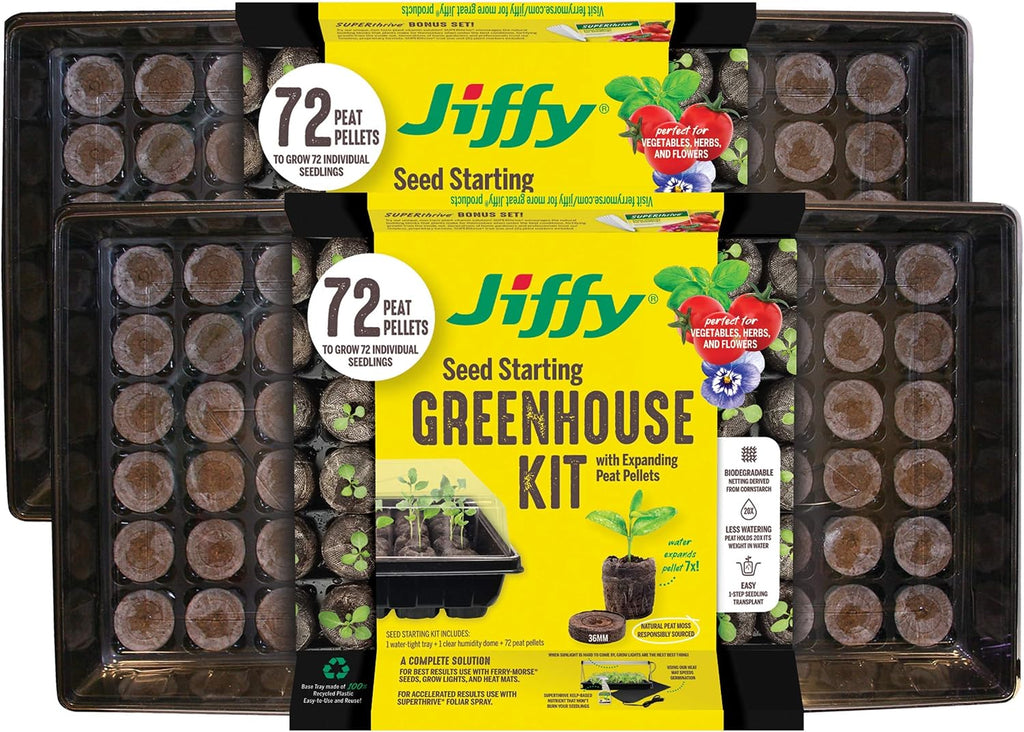 Ferry Morse Jiffy Seed Starting Greenhouse Tray Kit with 72 36mm Peat Pellets and Bonus SUPERthrive Sample + Plant