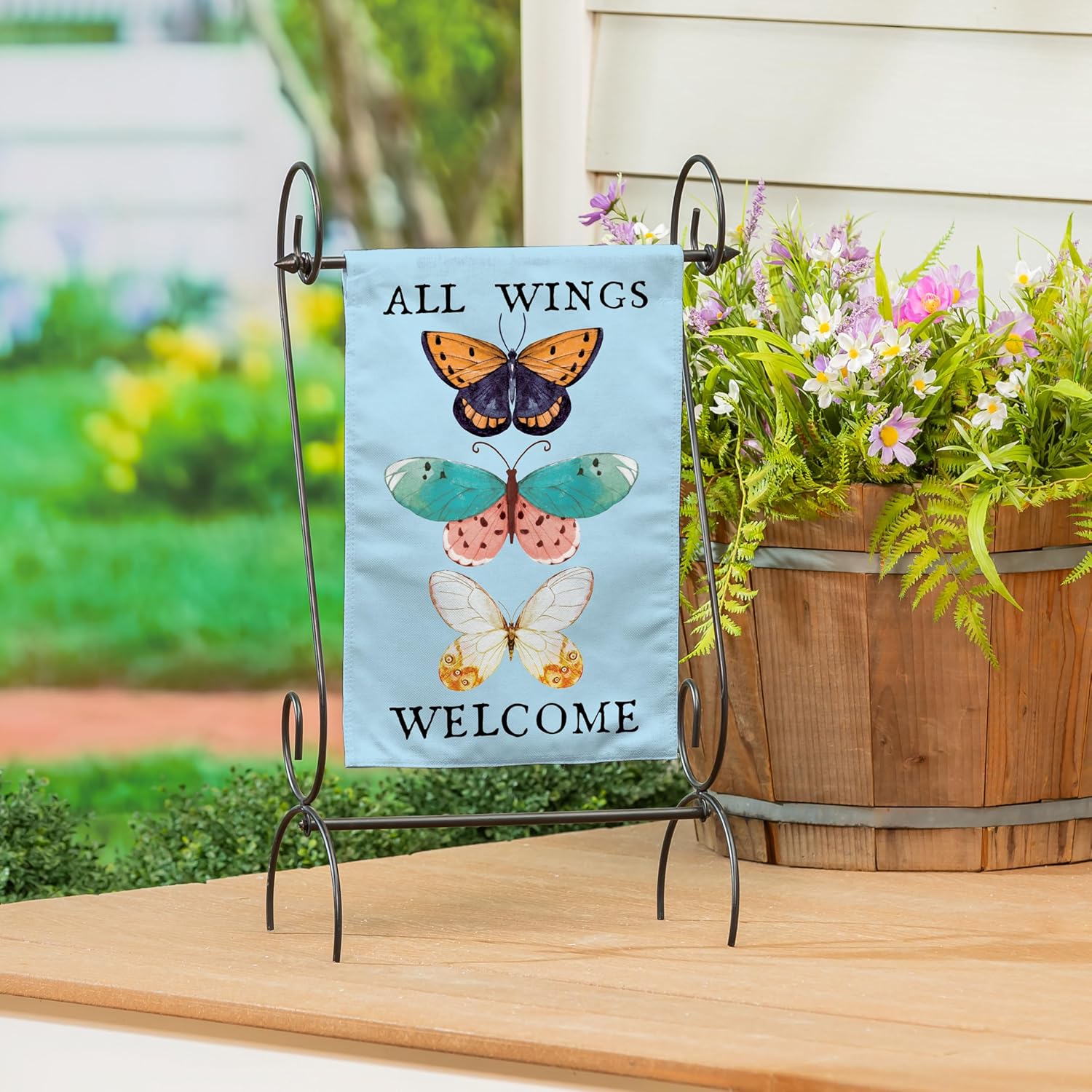 Evergreen Scroll American Garden Flag Stand | Premium Metal Iron Flag Holder Stand | Fits 12x18 Garden Flags for