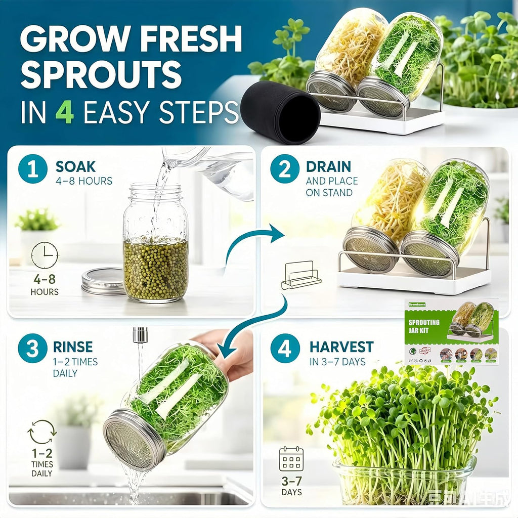 Premium Sprouting Jar Kit, 2Pack Wide Mouth Mason Jars with Mesh Sprouting Lids, Blackout Sleeves, Stand and Drip Tray
