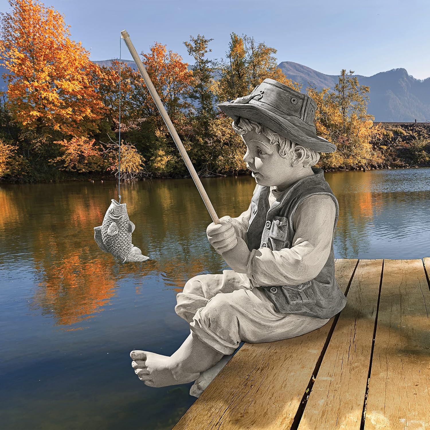Design Toscano Frederic the Little Fisherman of Avignon Boy Fishing Garden Statue, 15 Inch Tall, Cast Stone Resin, Two