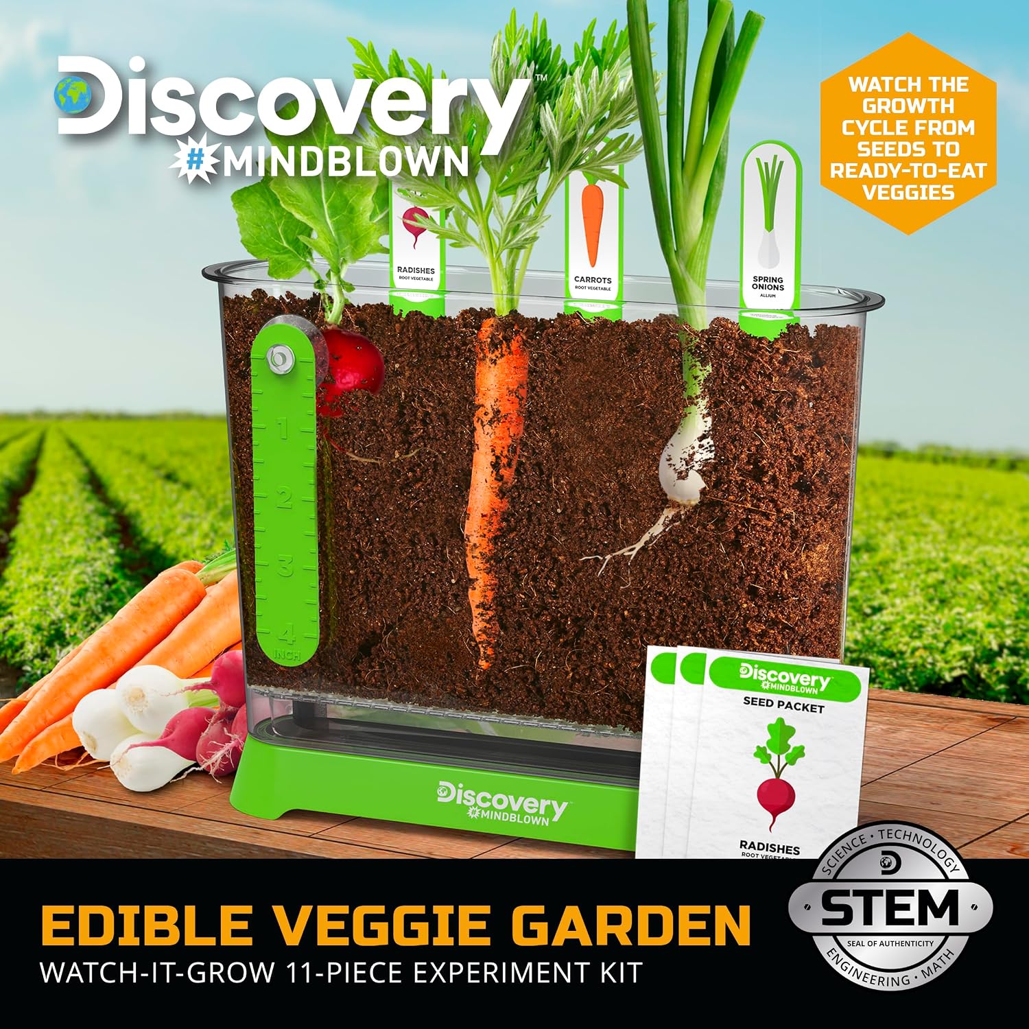 Discovery™ Edible Veggie Garden Watch-It-Grow Kit – DIY STEM Activity for Kids | Grow Carrots, Radishes & Onions