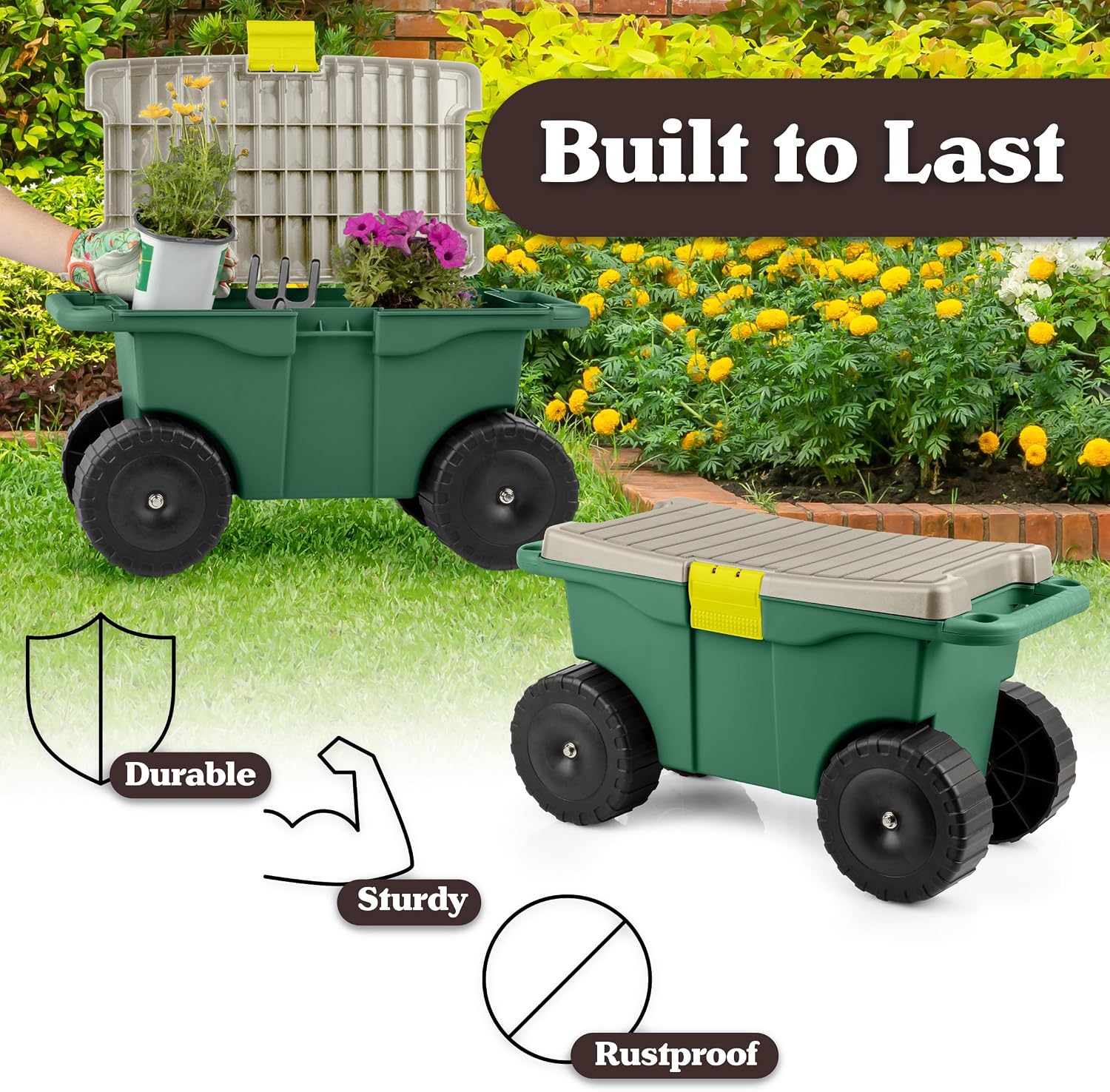 Rolling Garden Cart with Seat - Plastic Storage with Bench and Interior Tool Tray - Gardening Stool for Weeding and