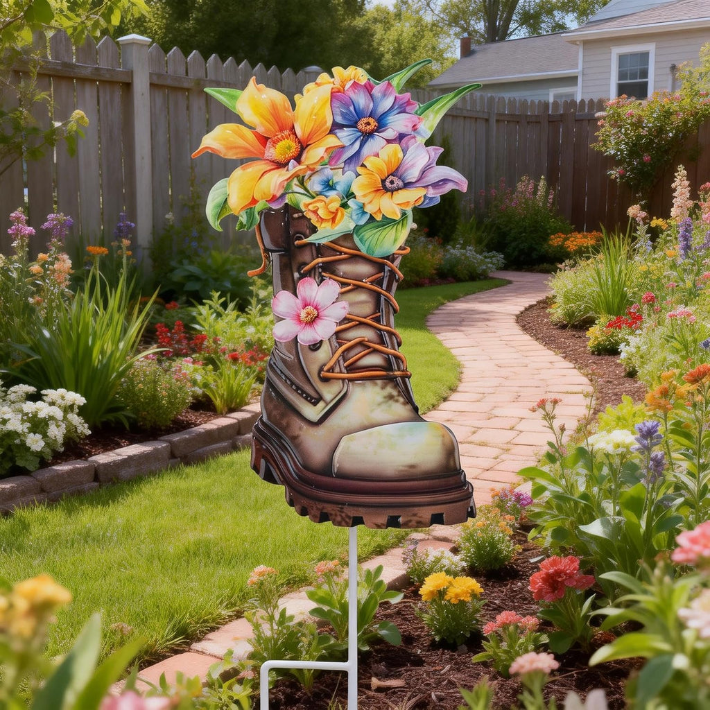Garden Decor for Outside, 23" Decorative Garden Stake Metal Boot Flowers | Yard Art Stake for Outdoor Lawn Backyard
