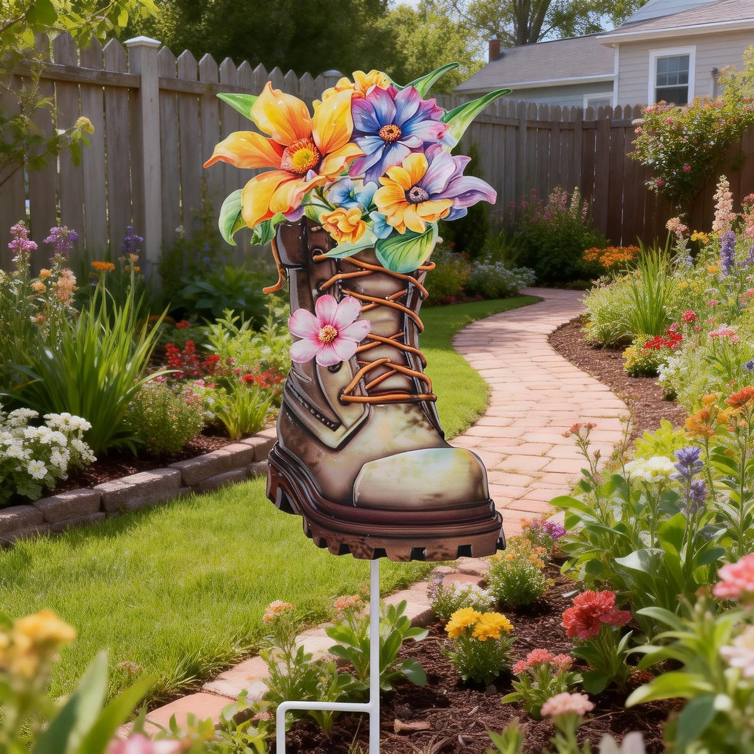 Garden Decor for Outside, 23" Decorative Garden Stake Metal Boot Flowers | Yard Art Stake for Outdoor Lawn Backyard
