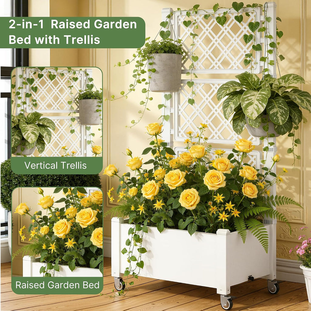 Miory 60" Raised Garden Bed with Trellis & Wheels, Vertical Gardening Planter Box with Water Level Indicator and
