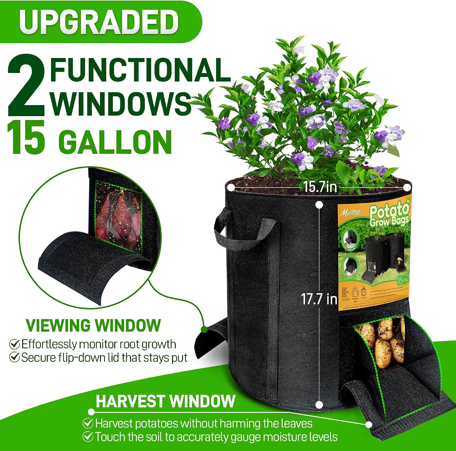 4 Pcs 15 Gallon Potato Grow Bags with Harvest & Visible Windows, Thickened Nonwoven Fabric Potato Planter,Potato