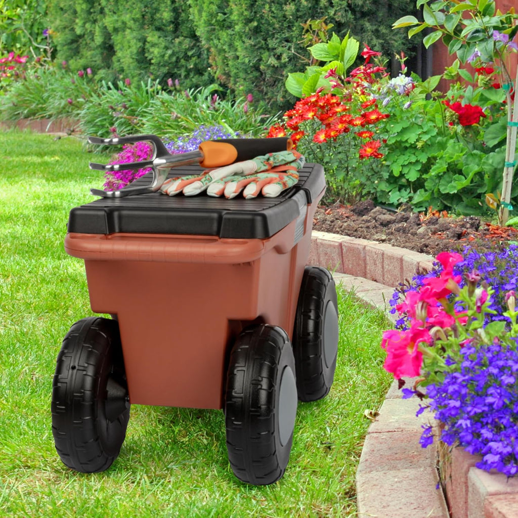 Pure Garden Rolling Garden Cart with Seat, Terracotta | Plastic Garden Bench with Tool Tray for Storage - Gardening