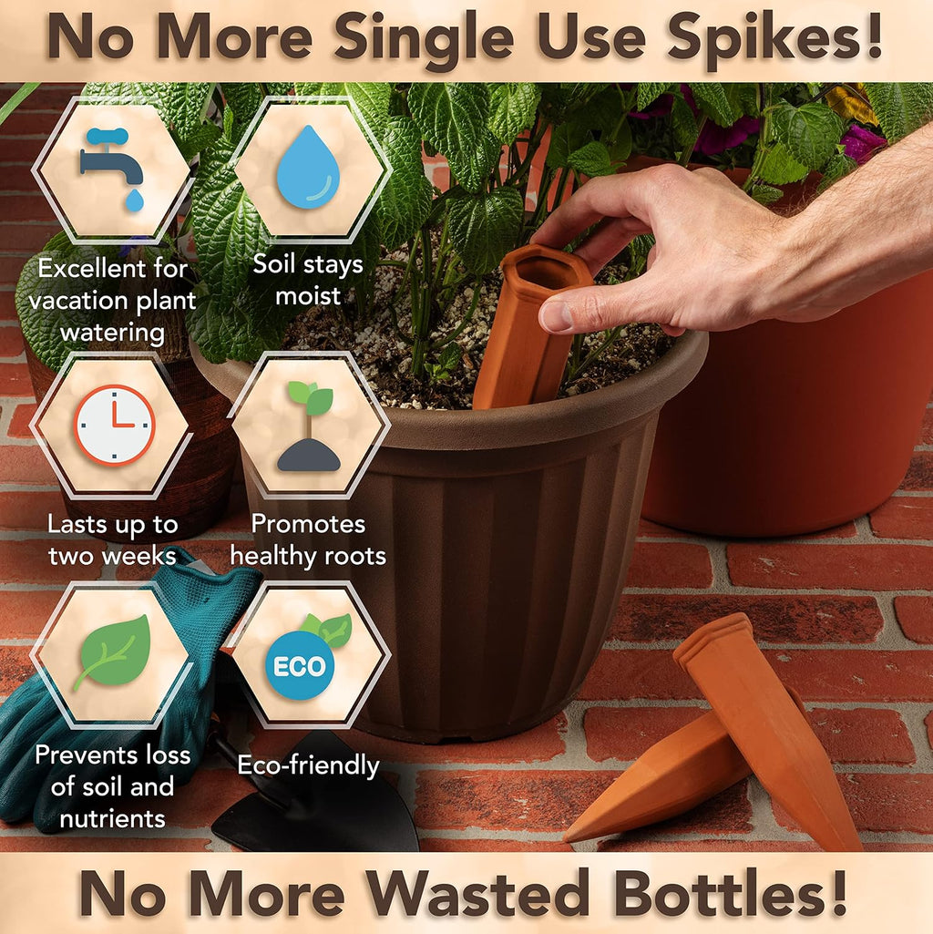 6 Pack Terracotta Watering Spikes for Indoor and Outdoor Plants - Simple and Easy Setup - Keep Plants Happy and Watered