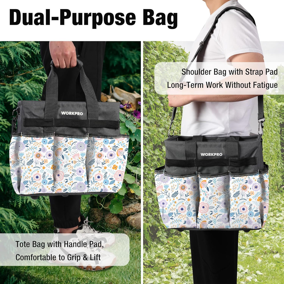 WORKPRO Garden Tool Bag, 10 Pockets and Shoulder Strap, Floral White | Heavy Duty Gardening Organizer Tote Bag