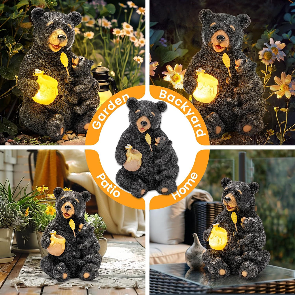 GIGALUMI Solar Garden Statues Bears 9" Black, Yard Decorations Outdoor | Loving Black Bear Decor, Bear Figurine Lights