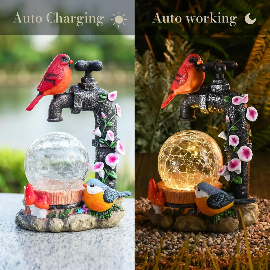 TERESA'S COLLECTIONS Garden Decor for Outside Red Cardinal Bird Statues with Outdoor Solar Lights, Resin Garden