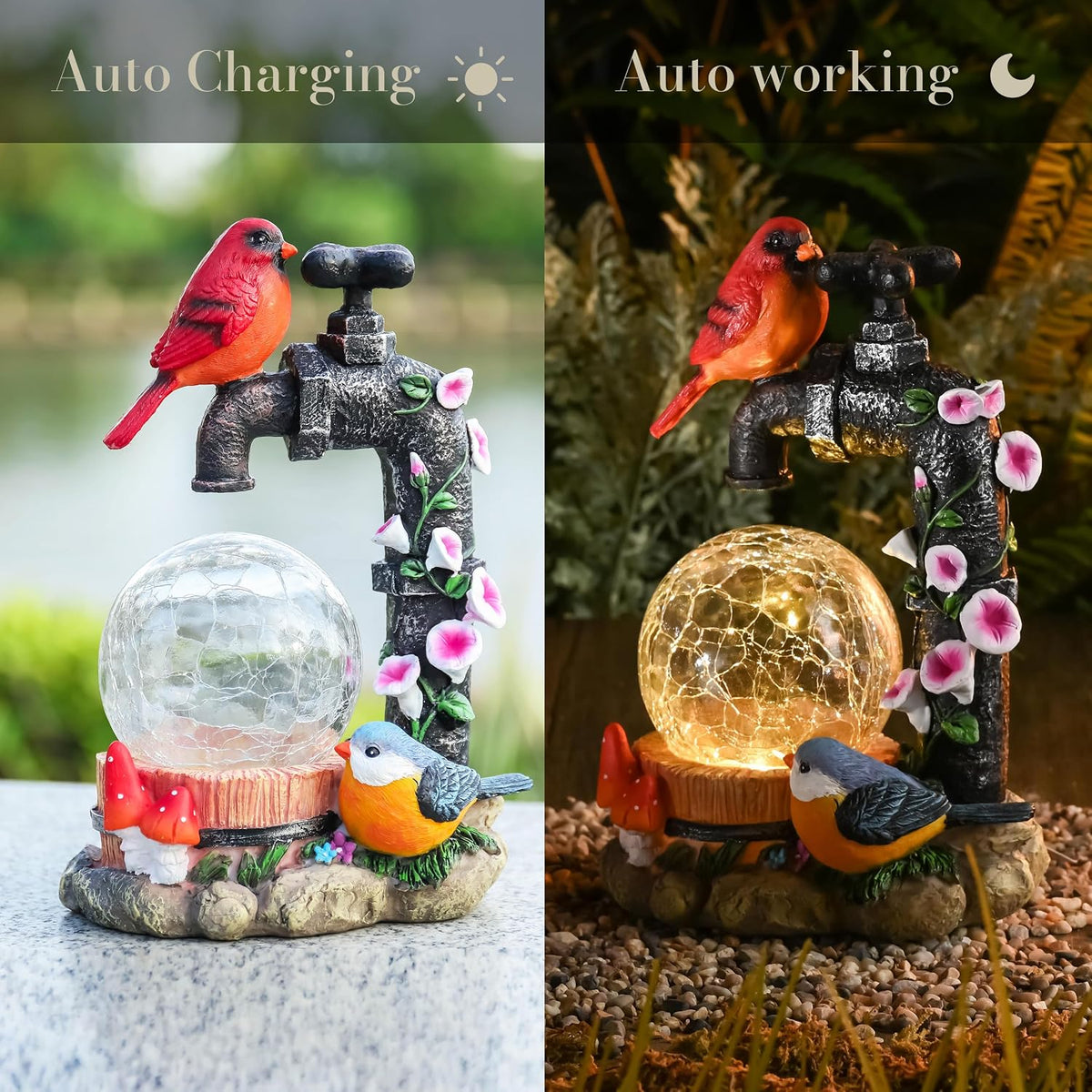 TERESA'S COLLECTIONS Garden Decor for Outside Red Cardinal Bird Statues with Outdoor Solar Lights, Resin Garden