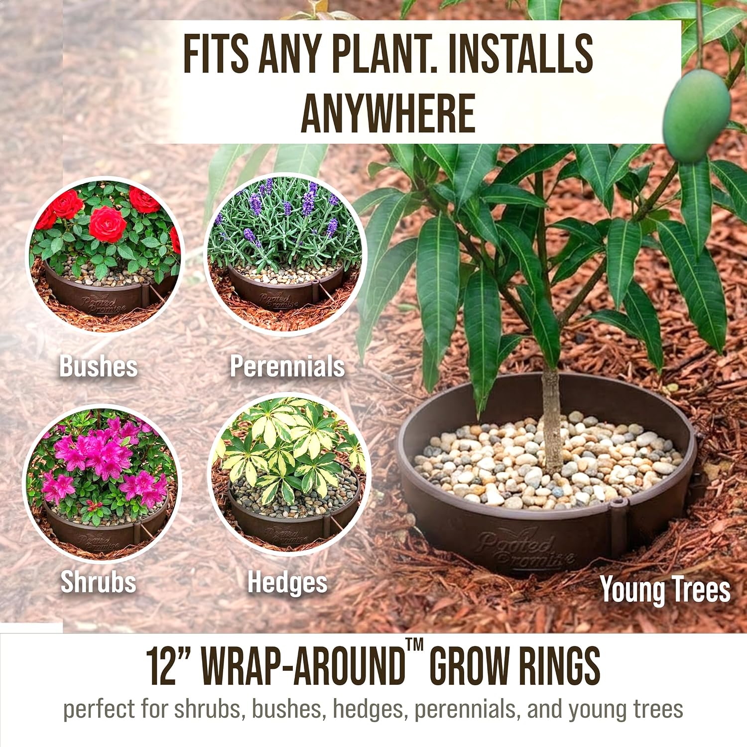 12 Inch Wrap-Around Adjustable Planting Grow Rings | 3 Pack | Brown | Install Around Existing Plants | Square Foot