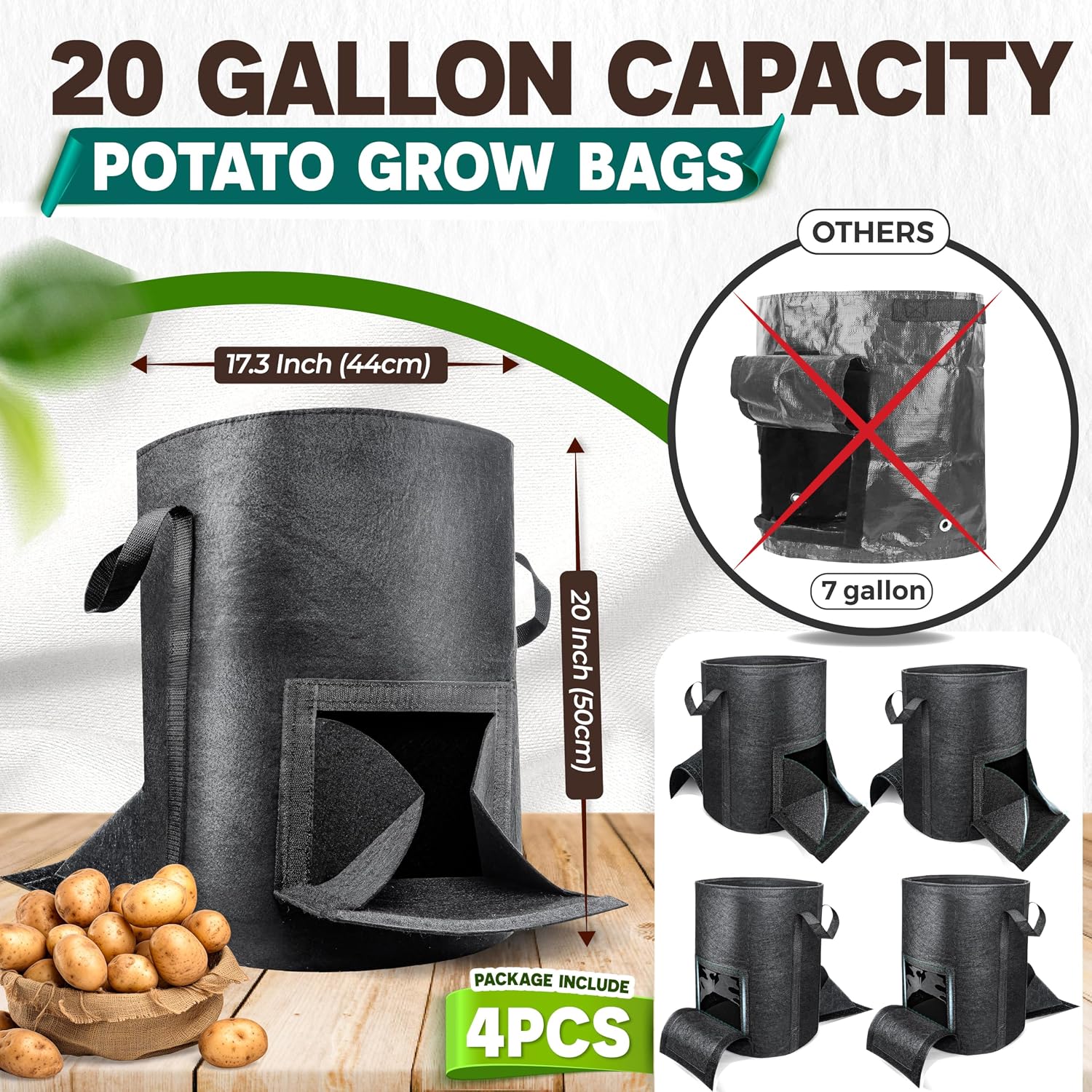4PCS 20-Gallon Potato Grow Bag-Harvest & Visible Window Garden Planting Bag | Black Plant Grow Bag with Reinforced