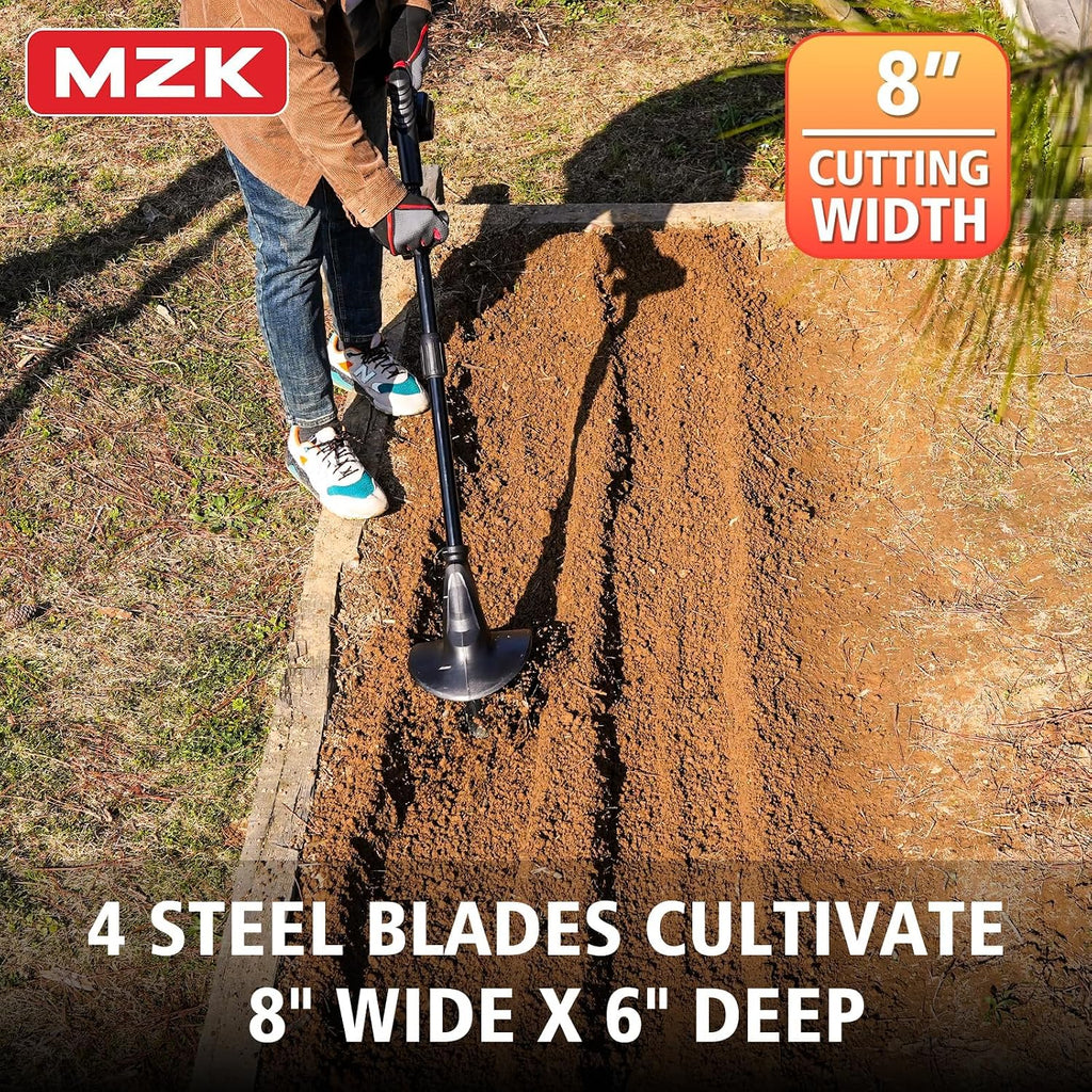 MZK 20V Cordless Tiller Cultivator, 8-Inch Steel Tines,360 RPM | Battery-powered mini garden cultivator for soil