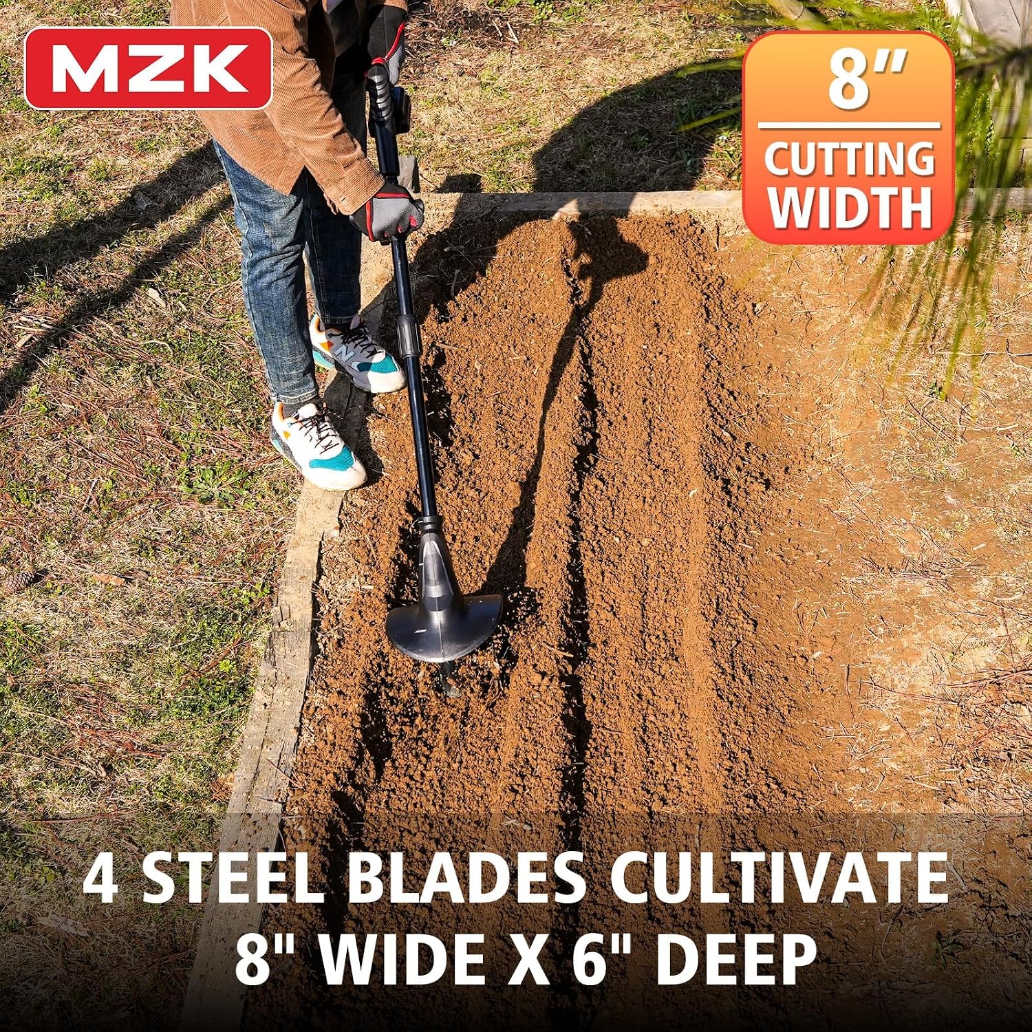 MZK 20V Cordless Tiller Cultivator, 8-Inch Steel Tines,360 RPM | Battery-powered mini garden cultivator for soil