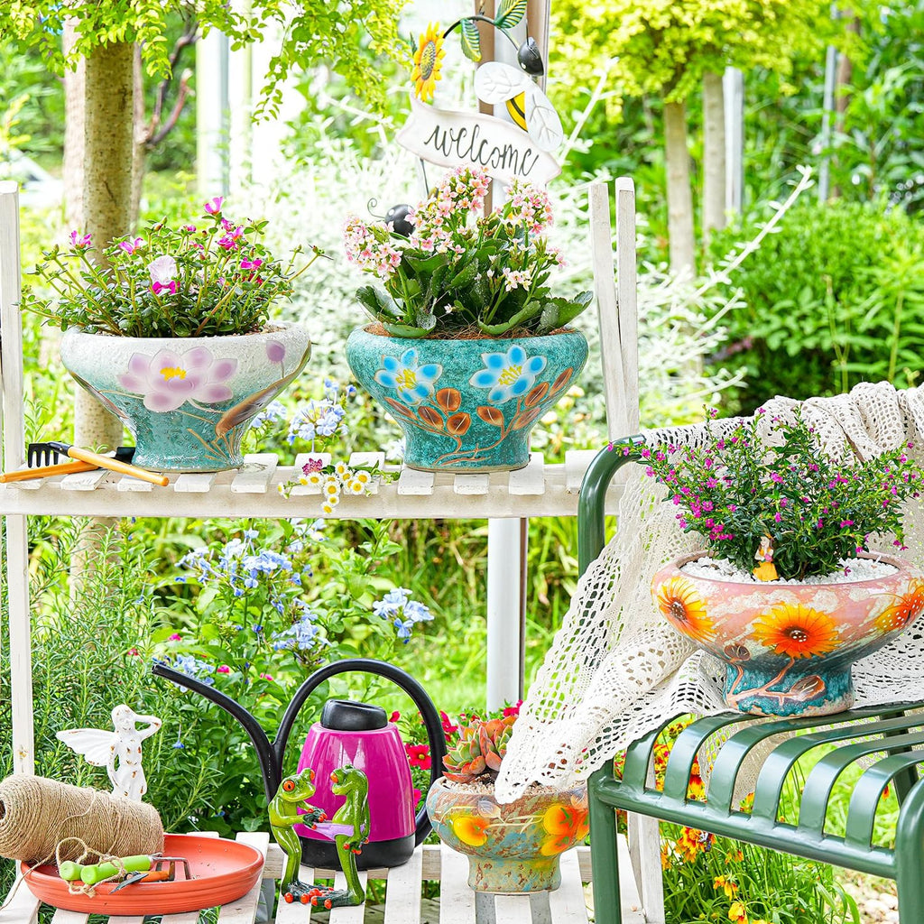 Sungmor 9.6 Inch Large Succulent Plant Pots, Pretty Hand Painted Ceramic Planter with Drainage, Indoor Outdoor Cactus