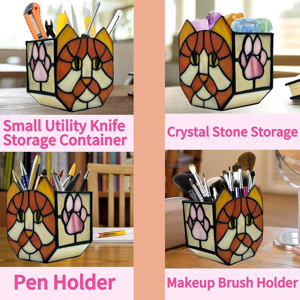 Stained Glass Orange Cat Planter,Indoor Flower Pots with Drainage,Cute Succulent Planter,Unique Orange Cat Flower